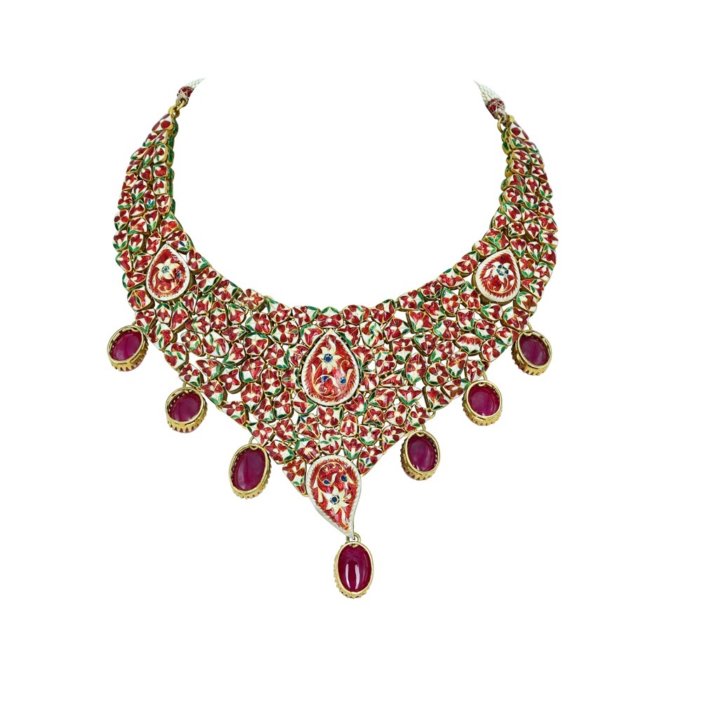 Polki Necklace Set with Emerald and Ruby Cabochons